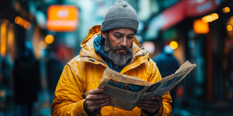 Man Engaging with Personalized News on City Street for Customized Information Delivery Experience