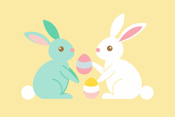 Obraz premium Joyful Easter Bunnies Painting Eggs, Festive Spring Illustration cute card bunny