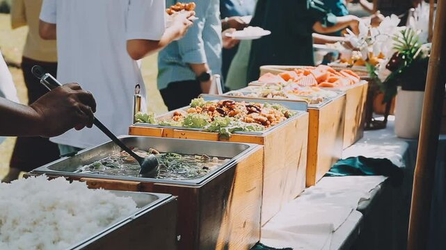 A group of people lined up to scoop up the food in the buffet line. Focusing on the hands of everyone who was scooping the food.