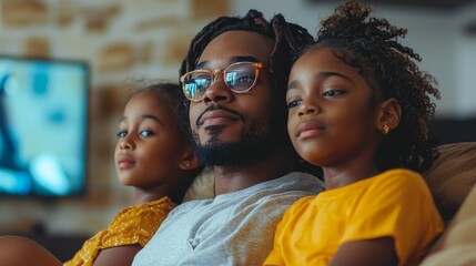 Three siblings relax together on a couch, deeply engaged with a flat screen display ahead. They...