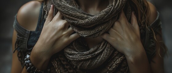 Close-up of a person wearing a textured scarf, showcasing hands and intricate details in a moody setting