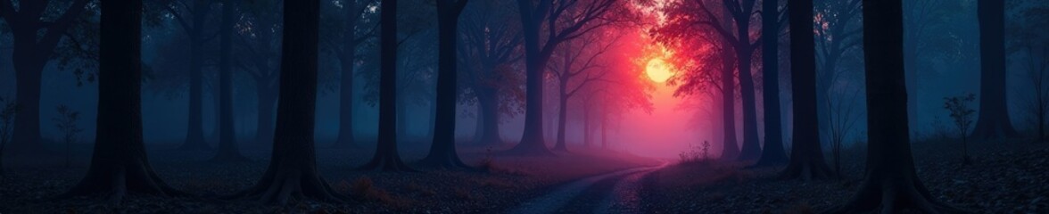 Fototapeta premium Dark forest at dusk with trees fading into darkness, mysterious, tree