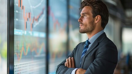 Professional man analyzing financial data on screens in a modern office setting during daytime