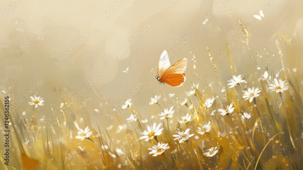 Poster a serene scene of a butterfly fluttering over a field of daisies in soft, warm tones.