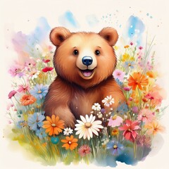 A happy bear cub sniffs a field of colorful flowers, enjoying the warm sunshine. A happy bear sniffs a field of colorful flowers, enjoying the warm sunshine.