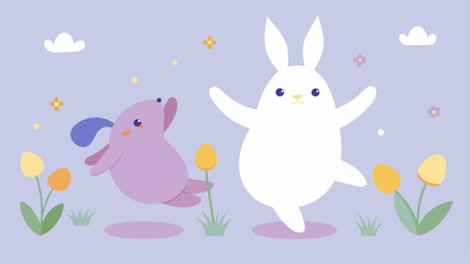 Joyful Easter Dance, Bunny and Chick in Wildflower Meadow fun cute happy field  