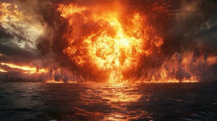 Fototapeta premium Explosive Fireball Erupting Over the Ocean During Fiery Sunset