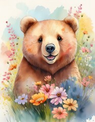 A happy bear cub sniffs a field of colorful flowers, enjoying the warm sunshine. A happy bear sniffs a field of colorful flowers, enjoying the warm sunshine.