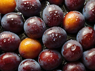 Plums Close Up: Juicy, ripe plums glistening with water droplets, showcasing a variety of deep purples and reddish hues, creating a vibrant and appetizing image. 