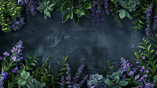 border frame with lavender springs and herbs