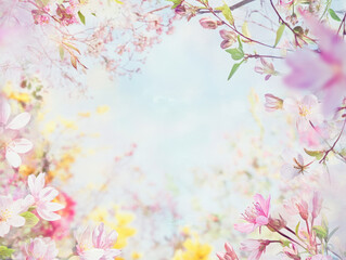 pastel spring floral frame with blank space in center, featuring delicate blossoms and soft colors, creating serene and dreamy atmosphere