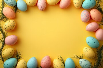 Colorful Easter Eggs Arrangement with Green Foliage on Bright Yellow Background