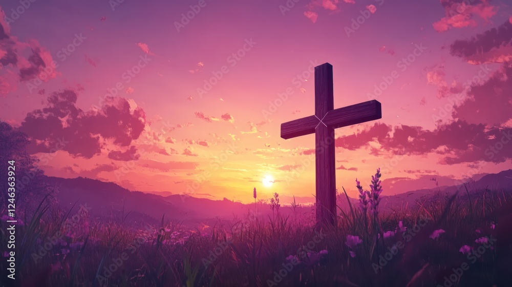Poster a serene sunset scene featuring a cross in a field, symbolizing hope and reflection.