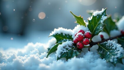 A sprig of snow-covered holly with frosted flowers and berries, snowy greenery, frozen plants