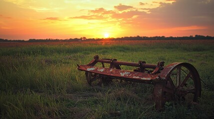 Fototapeta premium Rustic Farm Equipment in Golden Sunset Over Open Field Landscape