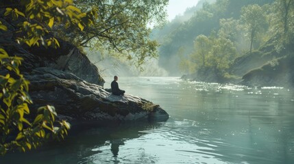 Tranquil Riverside with Person Sitting on a Rock