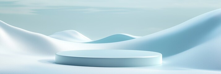 Smooth round podium surrounded by pastel mint and sky in a serene location