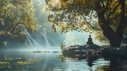 Tranquil Riverside with Person Sitting on a Rock