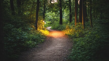 Obraz premium Tranquil Forest Pathway with Soft Glow of Light Amidst Trees