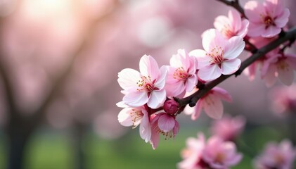 Obraz premium Almond tree in full bloom with pink and white petals, blossoms, spring, branches