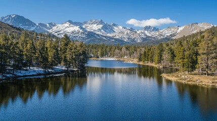 Serene Mountain Landscape with Tranquil Lake and Clear Blue Sky