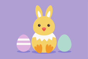 Fototapeta premium Adorable Easter Chick in Bunny Ears with Colorful Eggs cute happy spring vector 
