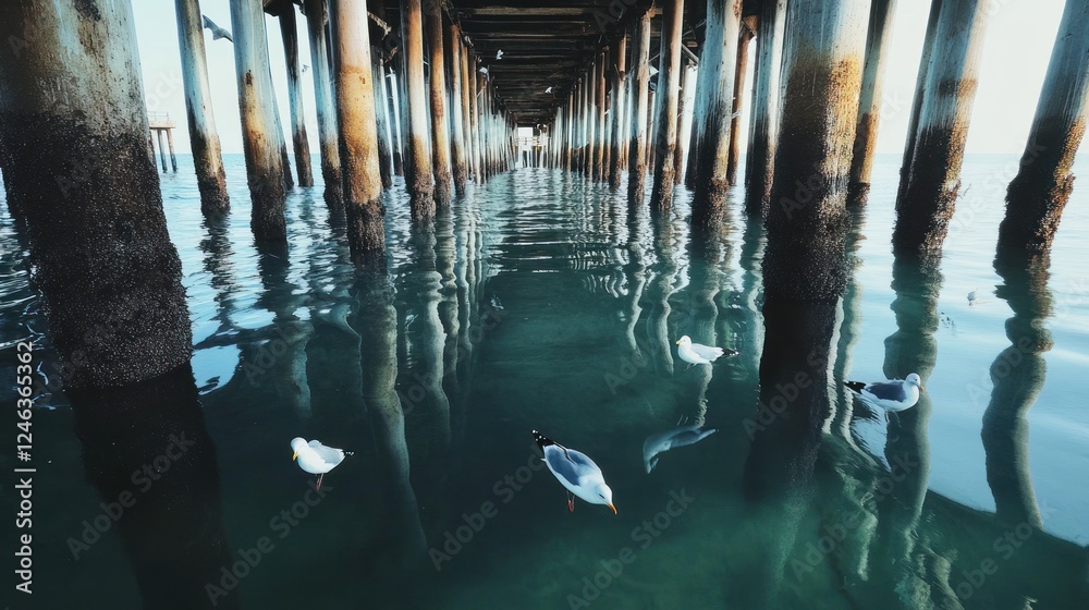 Poster a serene view under a pier with ducks swimming in calm waters.