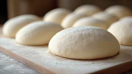 Fototapeta premium Pile of Flour-Dusted Dough Balls Ready for Baking