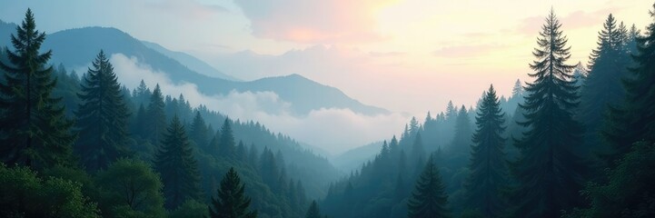 Obraz premium Towering conifers stretch toward the misty sky, tall, nature