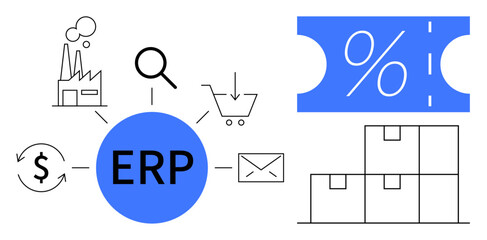 ERP at the center, linking to factory, magnifying glass, shopping cart, dollar sign, envelope. Additionally displayed discount symbol, stacked boxes. Ideal for supply chain operations sales