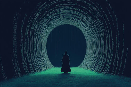 The Unknown Path: A solitary figure in a long coat walks towards the circular opening of a mysterious tunnel, illuminated by an eerie green glow, leaving the viewer wondering what lies beyond.  