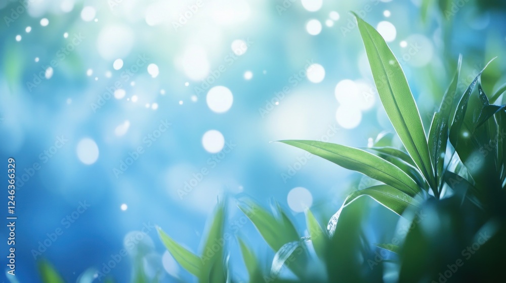 Poster a serene, blurred background featuring green leaves and soft bokeh effects.