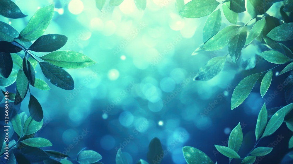 Poster A serene, blurred background featuring green leaves and soft bokeh lights.