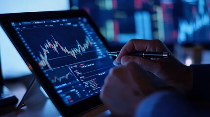 Business professional analyzing stock market data on tablet while working in a modern office environment
