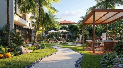 Beautiful Tropical Garden with Pathway and Relaxing Lounge Area