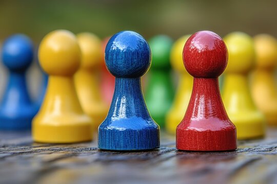 Colorful game pieces arranged on a wooden surface, showcasing vibrant hues of red, blue, yellow, and green, creating a playful and inviting atmosphere.