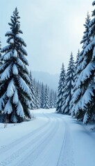 Obraz premium The road winds through a sea of snow-covered evergreens, evergreen trees, winter landscape