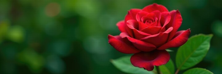 Naklejka premium The intricate details of a single large red rose on a lush green branch, floral, branch, flower