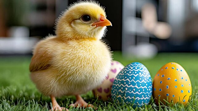 Curious chick exploring colorful easter eggs on a spring lawn