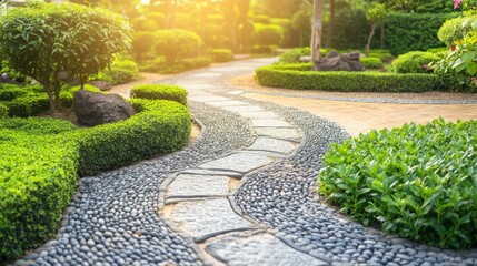 Serene Garden Pathway With Greenery and Sunlight in Background