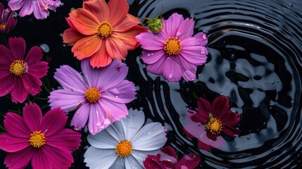 Vibrant cosmos flowers floating on dark water with ripples, showcasing nature's beauty