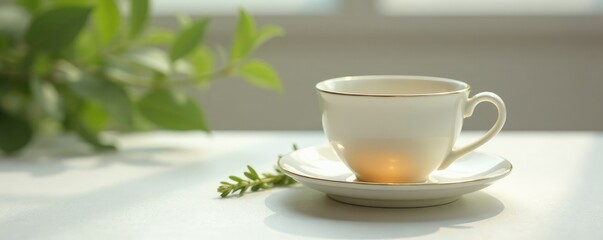 Fototapeta premium Tea cup on a minimalist background featuring a few sprigs of greenery, table, delicate