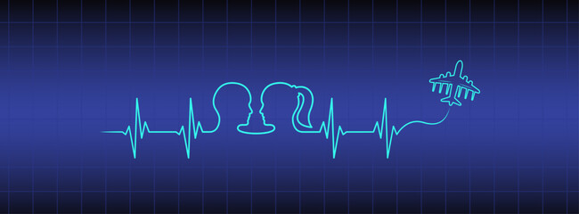 Editable blue medical wallpaper, love couple, man, woman head, airplane vector art. Heart rhythm ekg vector design to use for love, healthy lifestyle, emotion, romance concept projects. 