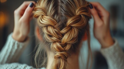 Naklejka premium Braided Hairstyle Tutorial Focusing on Detailed Hair Technique. Generative AI