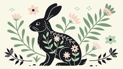 Fototapeta premium Pastel Easter Bunny Silhouette with Spring Flowers Illustration cute card happy 