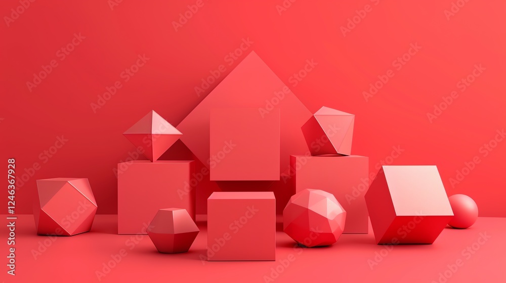 Canvas Prints 3d render of red and pink geometric shapes on a red background.