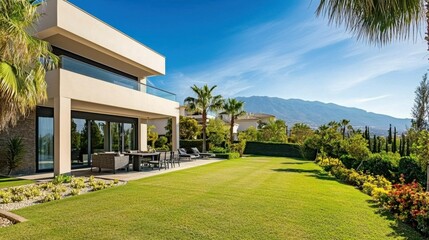 Modern Luxury Villa with Scenic Mountain View and Green Landscape