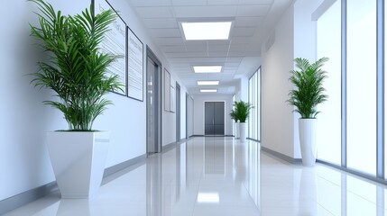 Modern office hallway with potted plant, bright lighting, and glass doors, creating a welcoming atmosphere