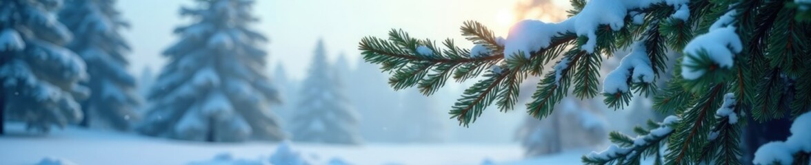 Obraz premium Snow-covered fir tree branch stretching towards the sky, fir, tree