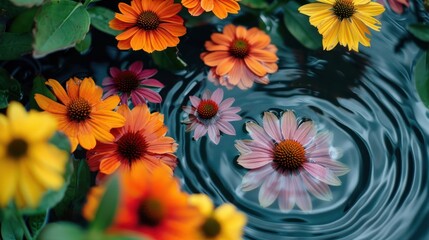 Fototapeta premium Vibrant flowers in a tranquil pond, surrounded by lush greenery and rippling water reflections